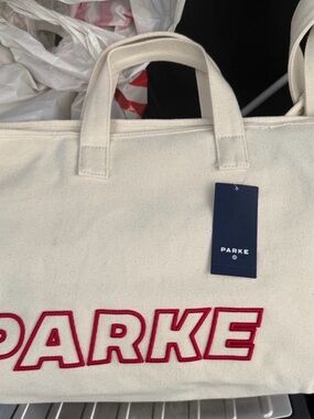 PARKE Cream Canvas Tote Bag with Red Logo